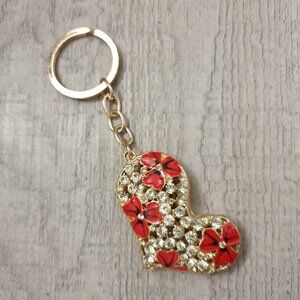 Camellia Flower Red Heart Key Chain Key Ring Handbag Purse Pendant Accessory